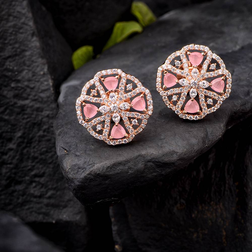 Handcrafted Floral Design Pastel Pink Studs Rose Quartz Small Earrings Rose Gold Plated : SJER1146