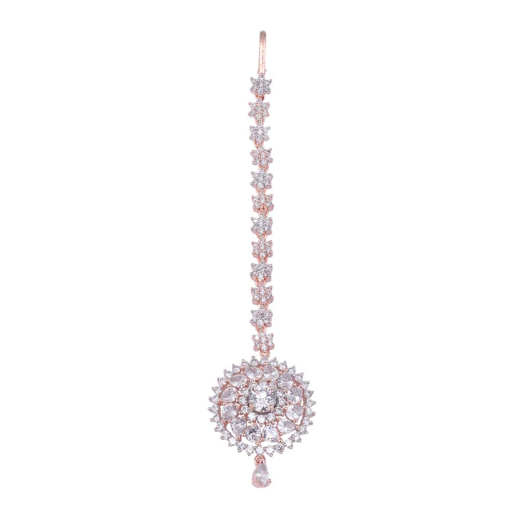 Handcrafted American Diamond Maang Tika,Rose Gold Plated For Women & Girls : SJMT1147