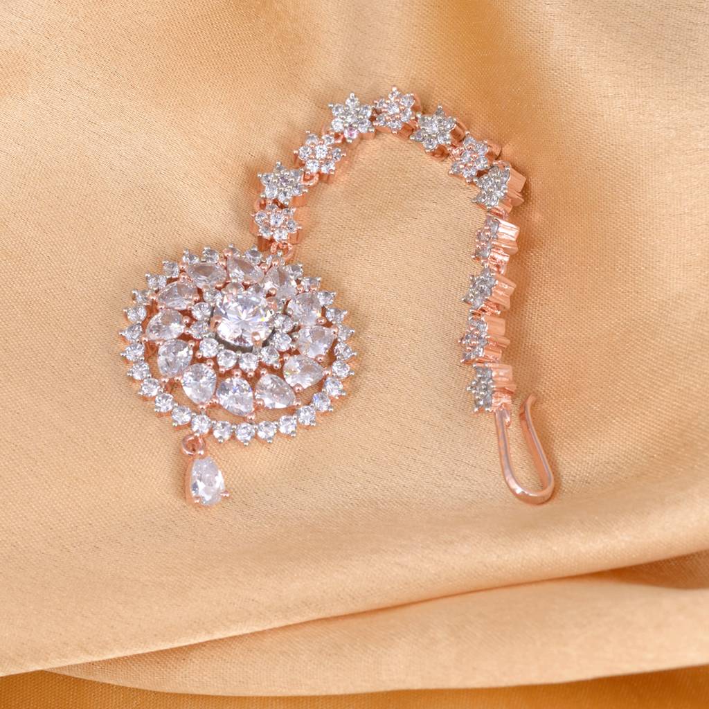 Handcrafted American Diamond Maang Tika,Rose Gold Plated For Women & Girls : SJMT1147