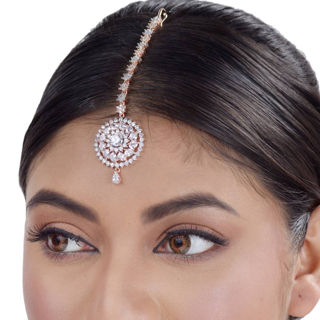 Handcrafted American Diamond Maang Tika,Rose Gold Plated For Women & Girls : SJMT1147