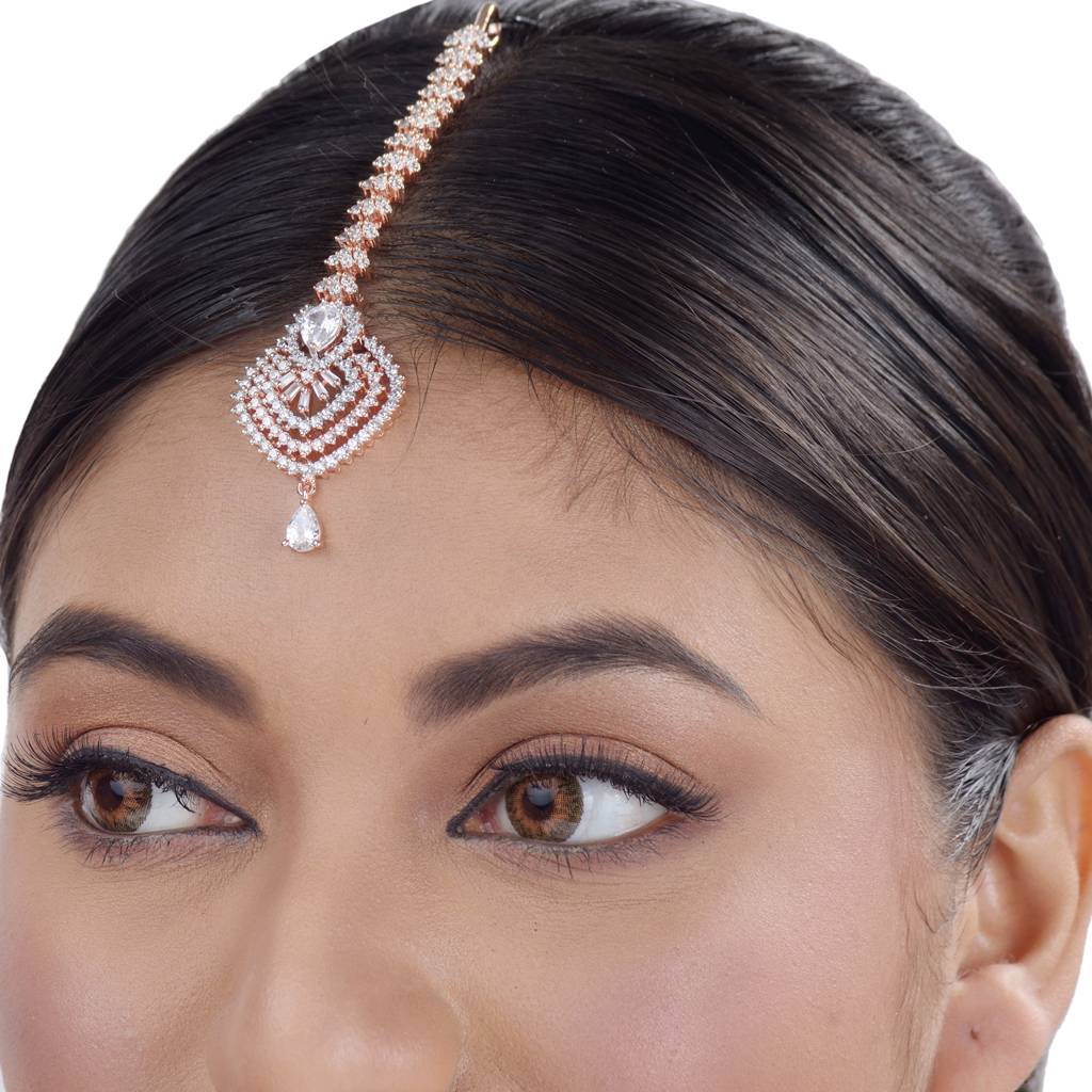 Beautiful Diamond Shaped Maang Tikka Ad Studded Rose Gold Plated For Women & Girls : SJMT1148