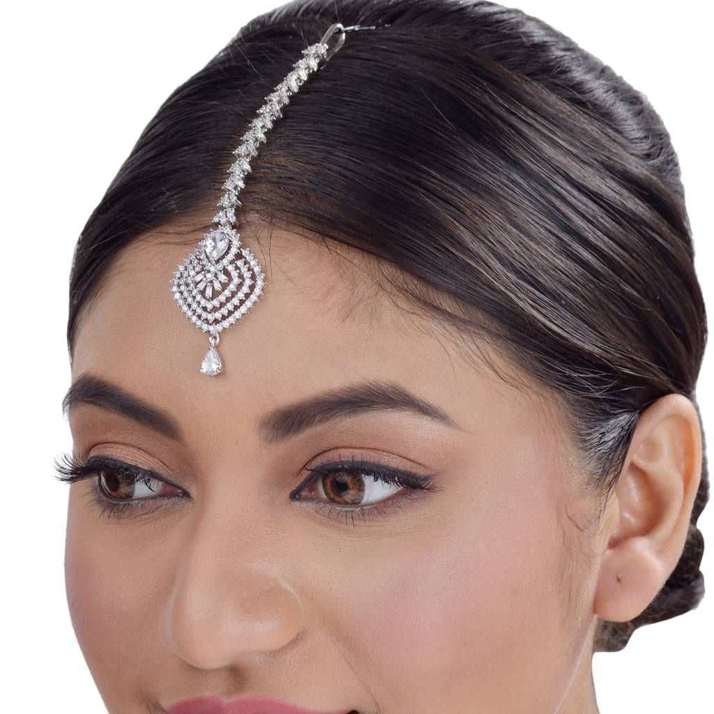 Beautiful Diamond Shaped Maang Tikka Ad Studded Silver Plated For Women & Girls : SJMT1149