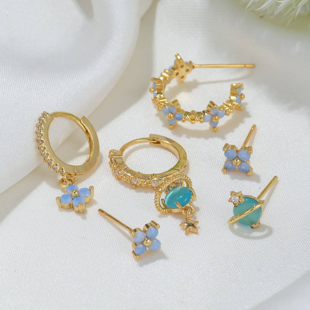 Set Of 6 18K Plated  Antitarnish Blue Floral Earring Set For Single Ear Only : AWU0125E066BL