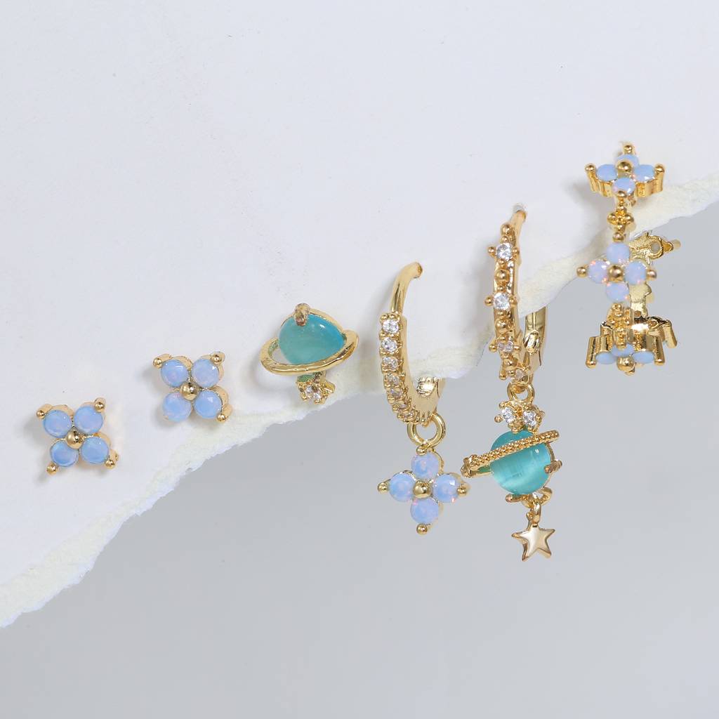 Set Of 6 18K Plated  Antitarnish Blue Floral Earring Set For Single Ear Only : AWU0125E066BL