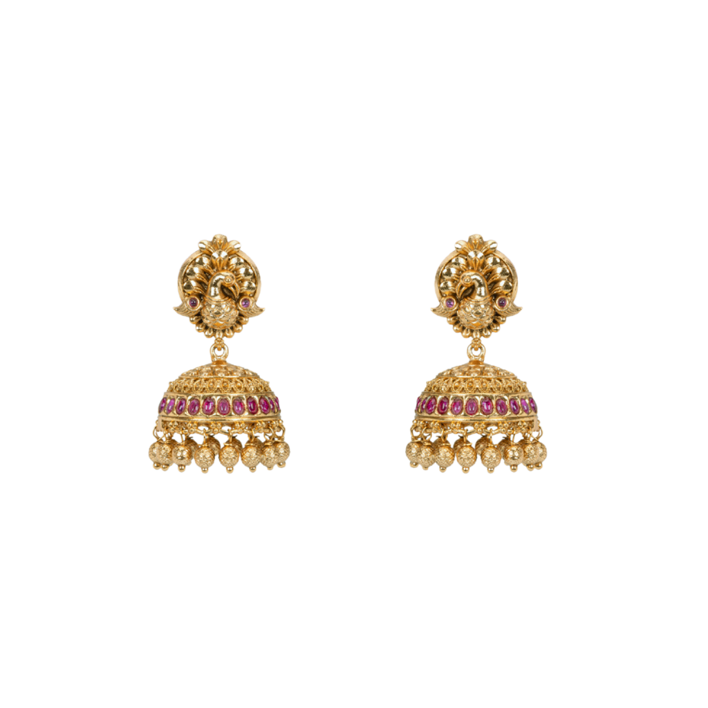 South Indian Temple Jewellery Long Haram Bridal Necklace Set With Ruby Stones : K-608