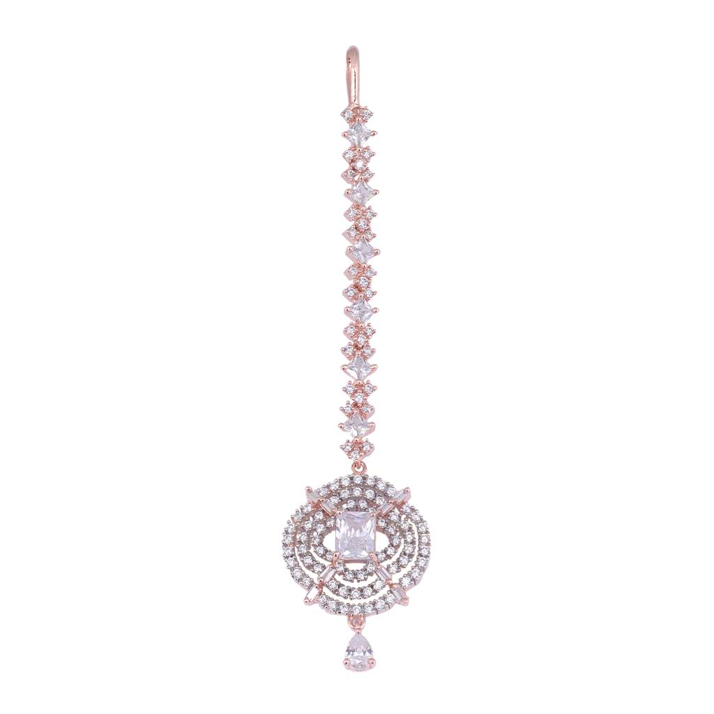Solitaire Maang Tikka American Diamond Studded Rose Gold Plated For Women & Girls : SJMT1150