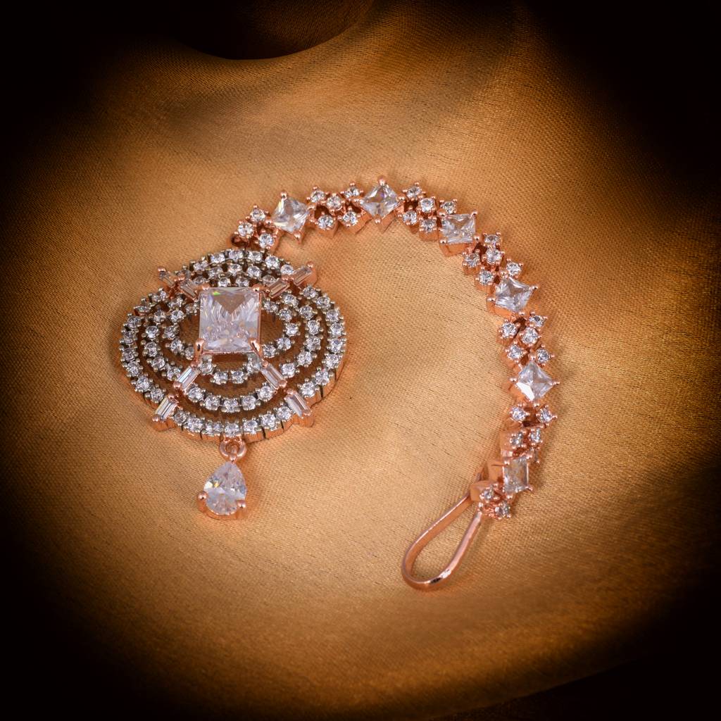 Solitaire Maang Tikka American Diamond Studded Rose Gold Plated For Women & Girls : SJMT1150