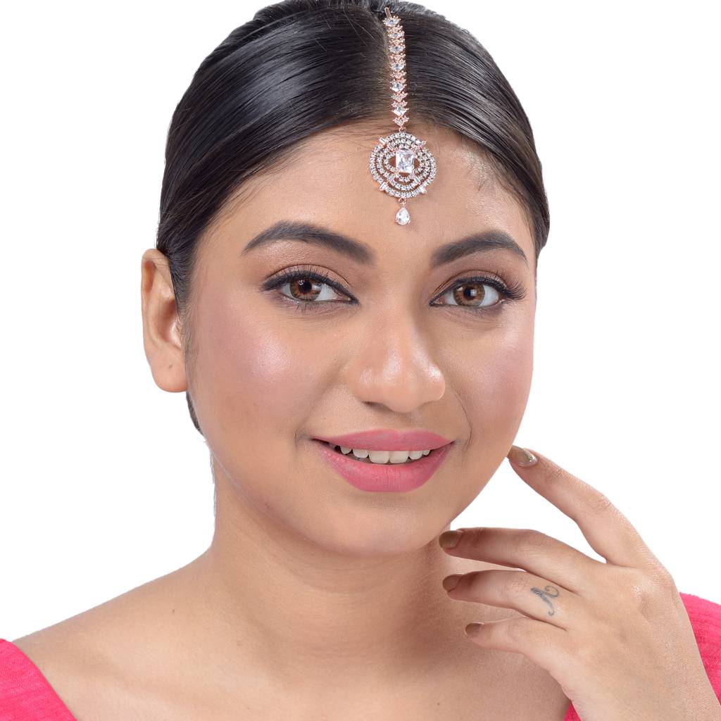 Solitaire Maang Tikka American Diamond Studded Rose Gold Plated For Women & Girls : SJMT1150