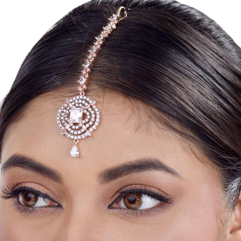 Solitaire Maang Tikka American Diamond Studded Rose Gold Plated For Women & Girls : SJMT1150
