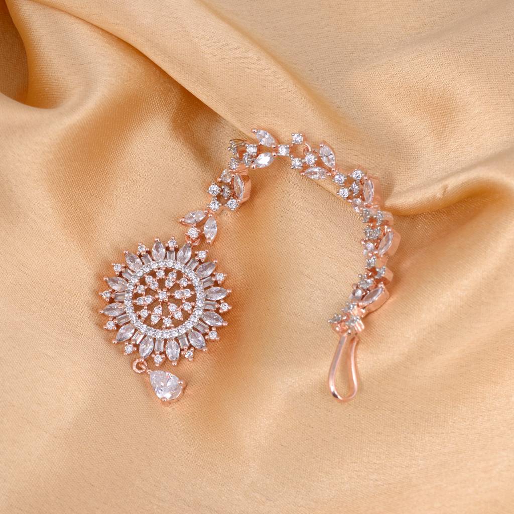 Stunning Floral Diamond Maang Tikka Rose Gold Plated Handcrafted