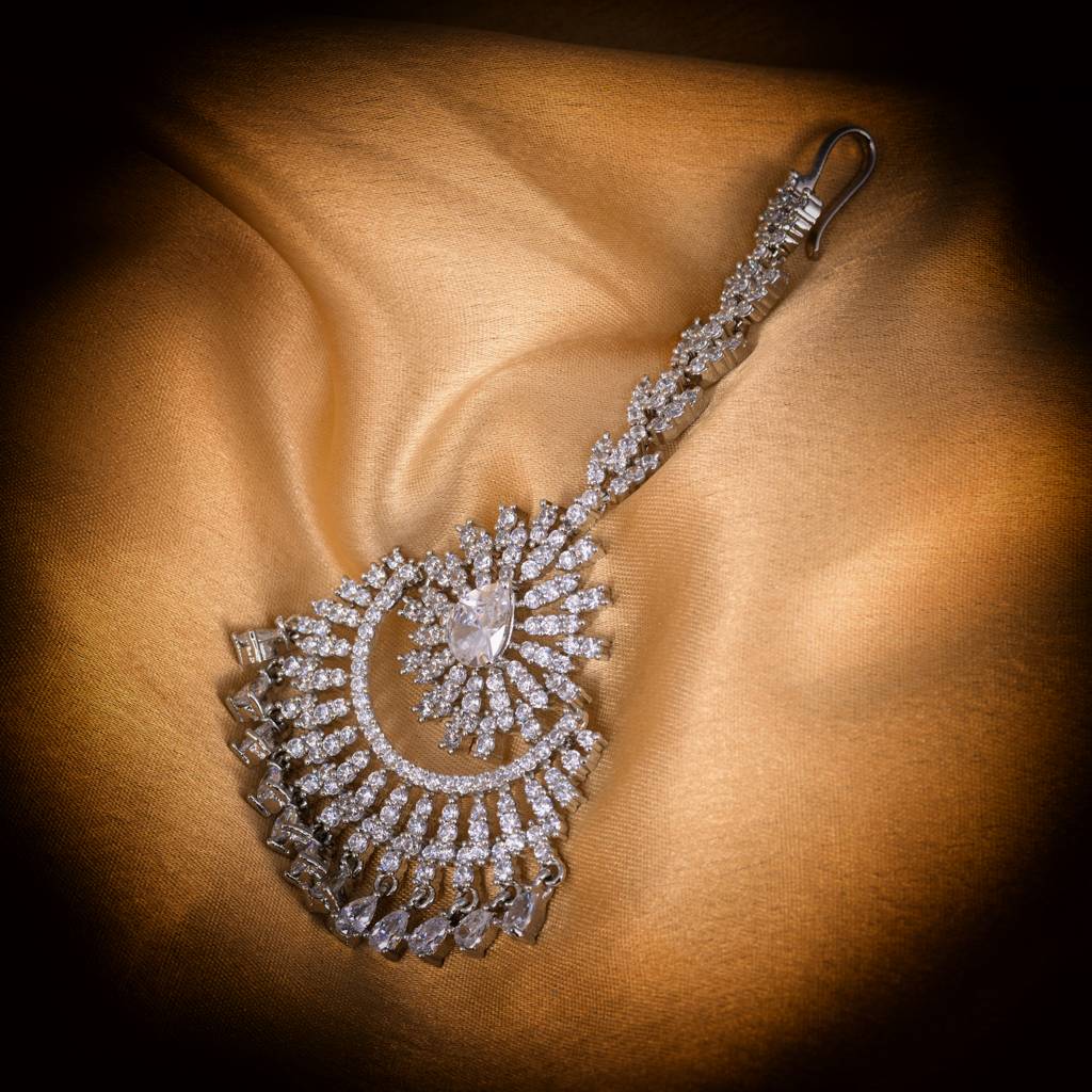Chandbali Style Diamond Maang Tikka Silver Plated & Ad Studded For Women & Girls : SJMT1155