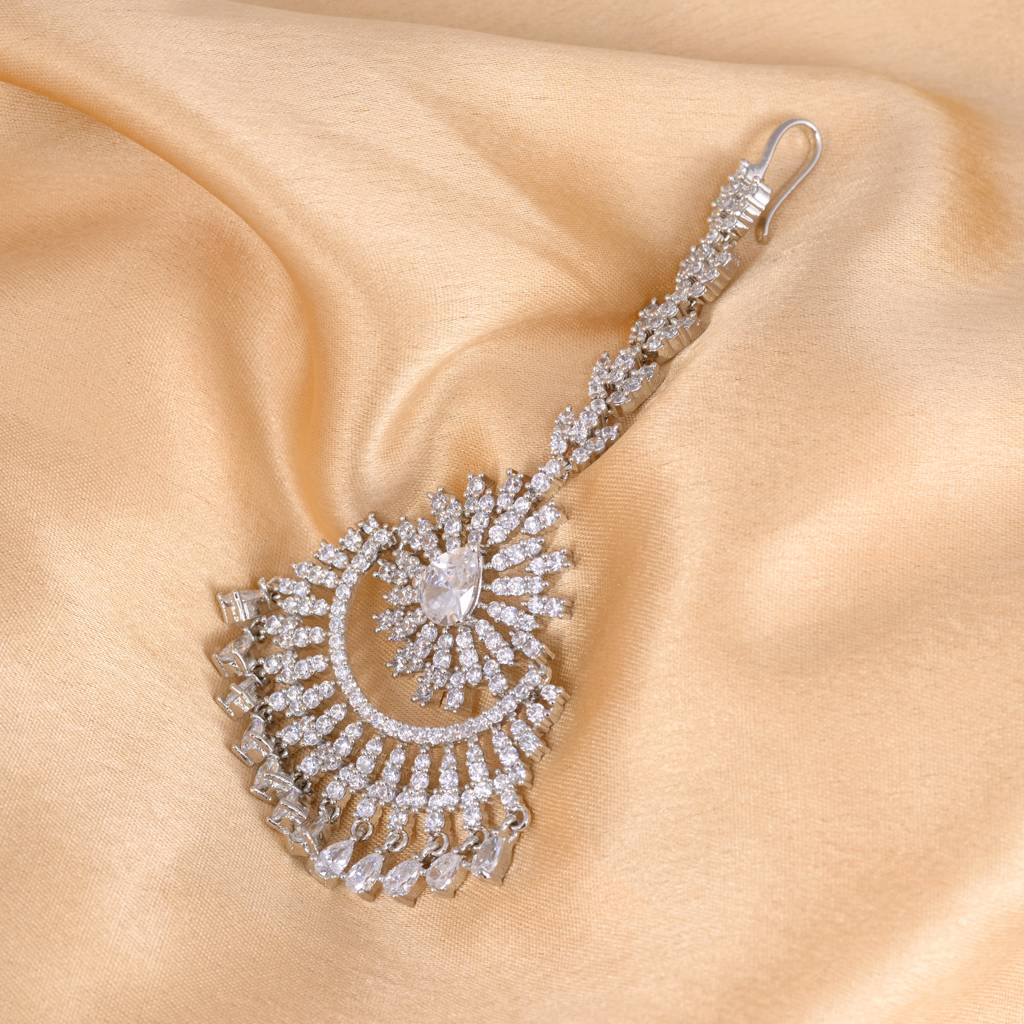 Chandbali Style Diamond Maang Tikka Silver Plated & Ad Studded For Women & Girls : SJMT1155