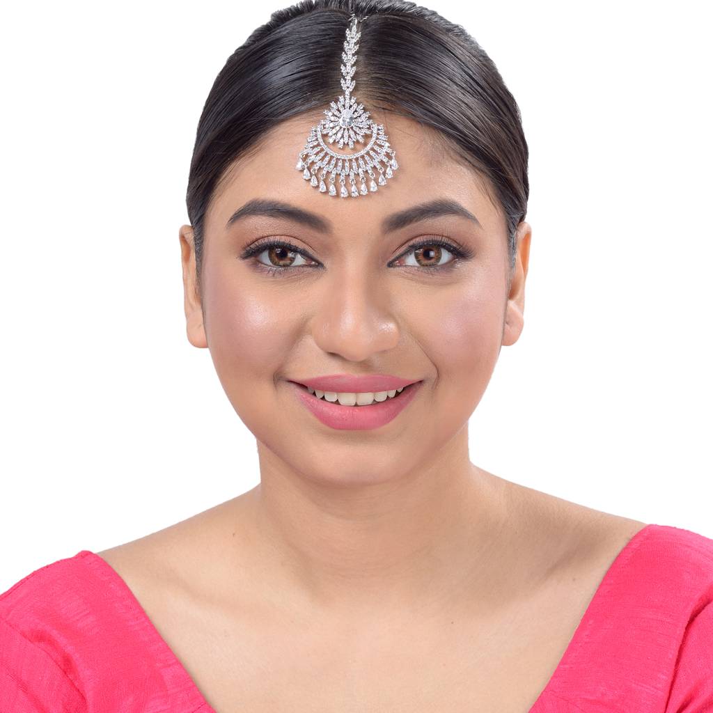 Chandbali Style Diamond Maang Tikka Silver Plated & Ad Studded For Women & Girls : SJMT1155
