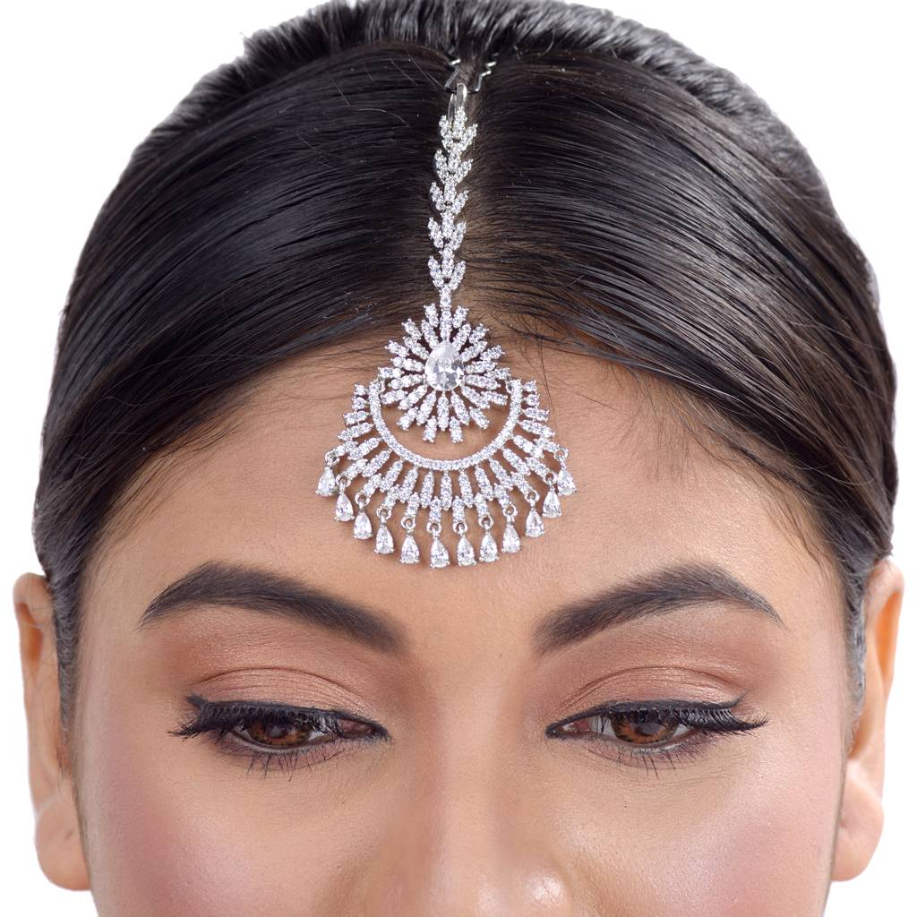 Chandbali Style Diamond Maang Tikka Silver Plated & Ad Studded For Women & Girls : SJMT1155