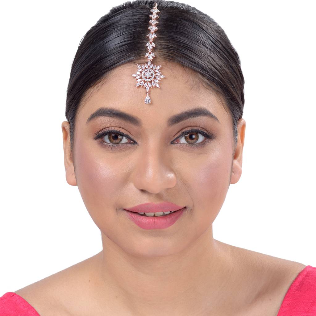 Stylish Diamond Maang Tikka Rose Gold Plated & Handcrafted For Women & Girls : SJMT1156
