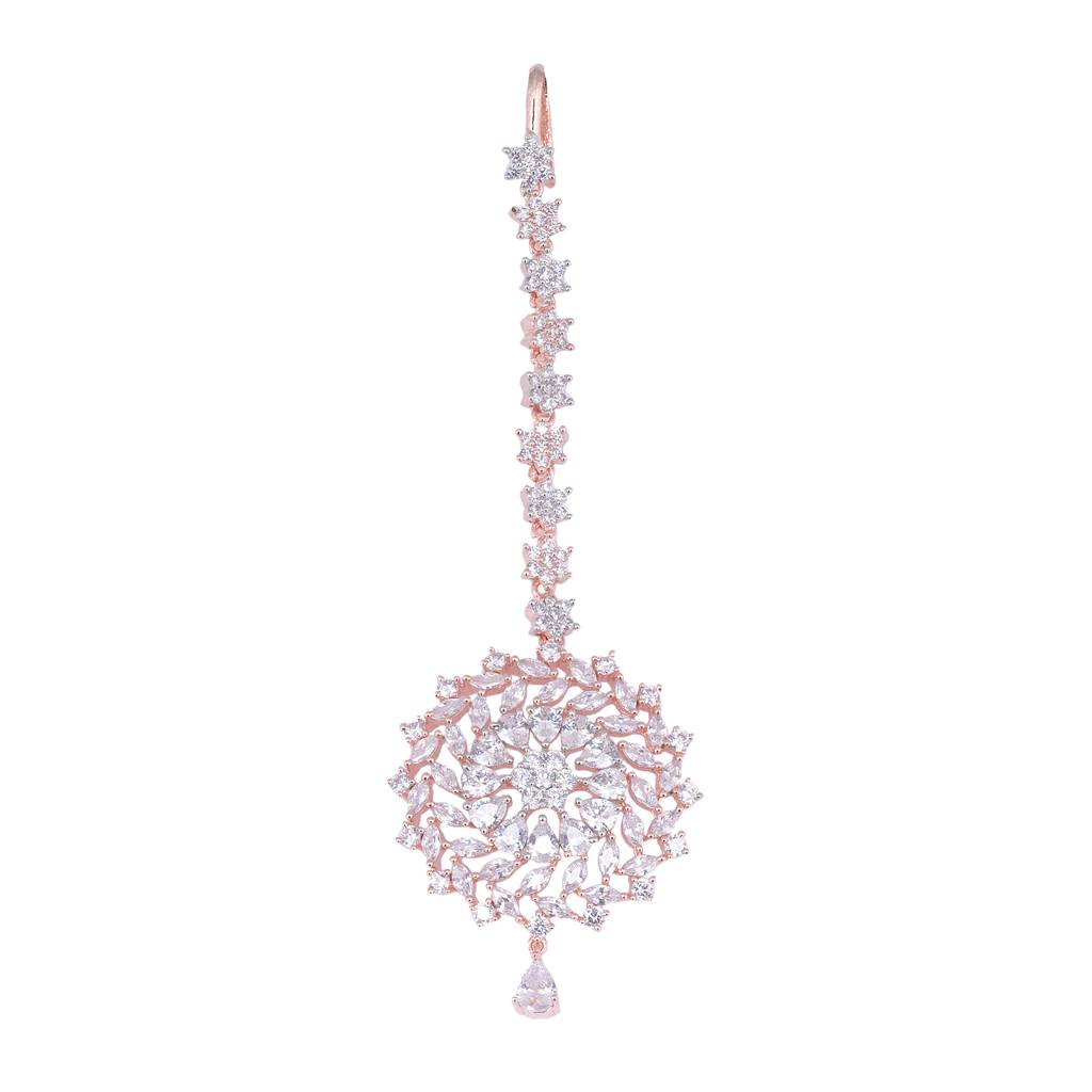 Stunning Floral Diamond Maang Tikka Round & Rose Gold Plated For Women & Girls : SJMT1158