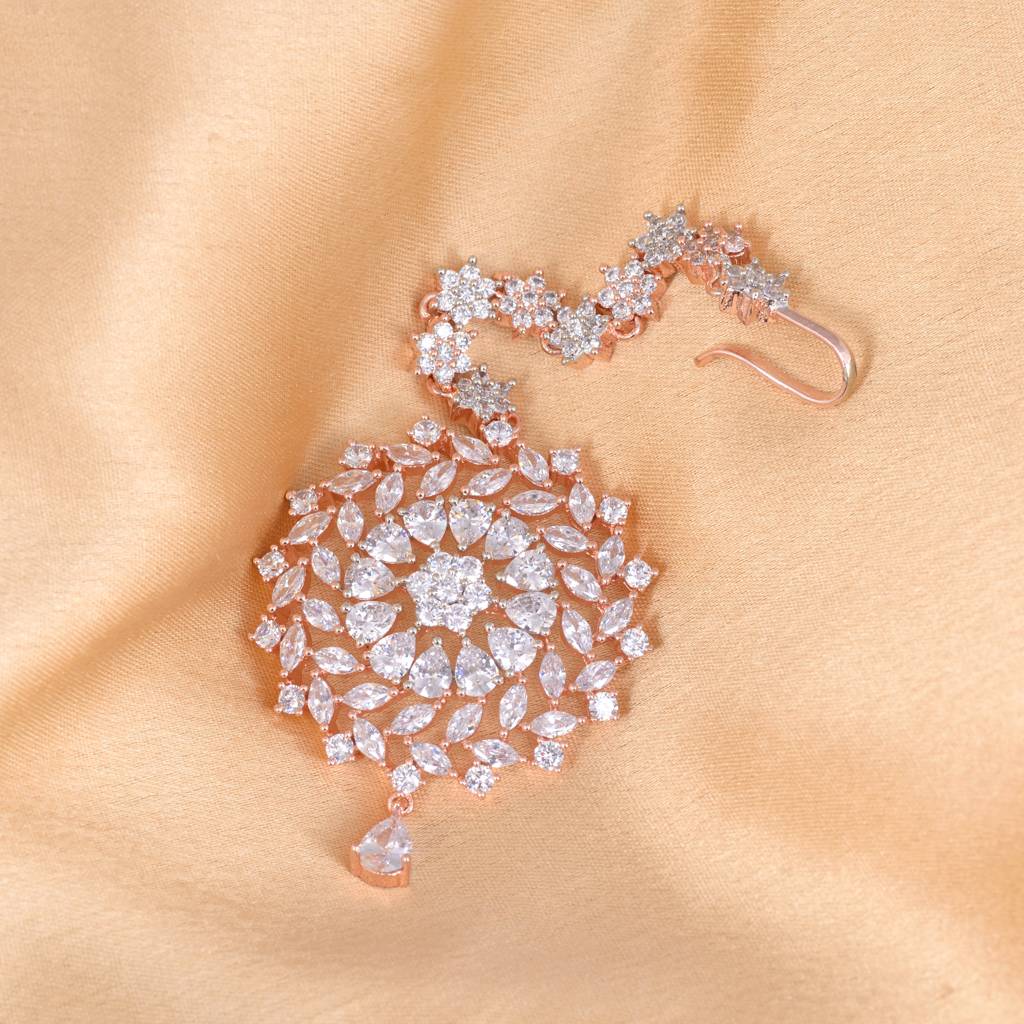 Stunning Floral Diamond Maang Tikka Round & Rose Gold Plated For Women & Girls : SJMT1158