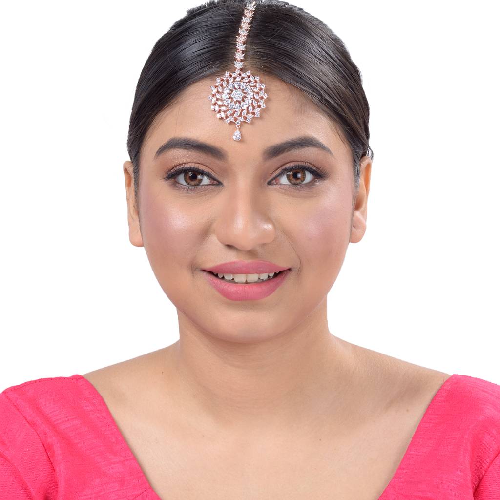 Stunning Floral Diamond Maang Tikka Round & Rose Gold Plated For Women & Girls : SJMT1158