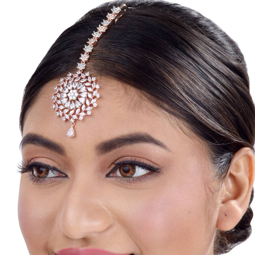 Stunning Floral Diamond Maang Tikka Round & Rose Gold Plated For Women & Girls : SJMT1158