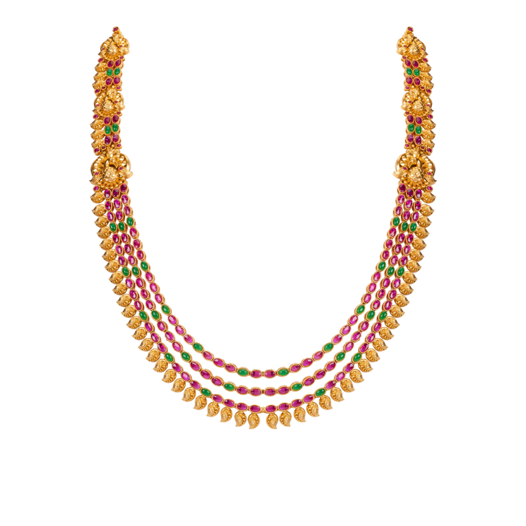 South Indian Temple Jewellery Long Haram Bridal Necklace Set With Ruby Stones : K-608