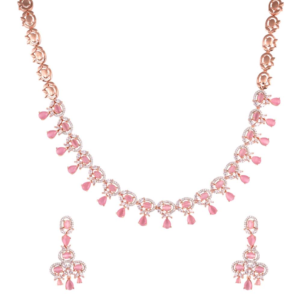 Contemporary Pink Diamond Studded Necklace With Earrings For Women & Girls : SJNK1169