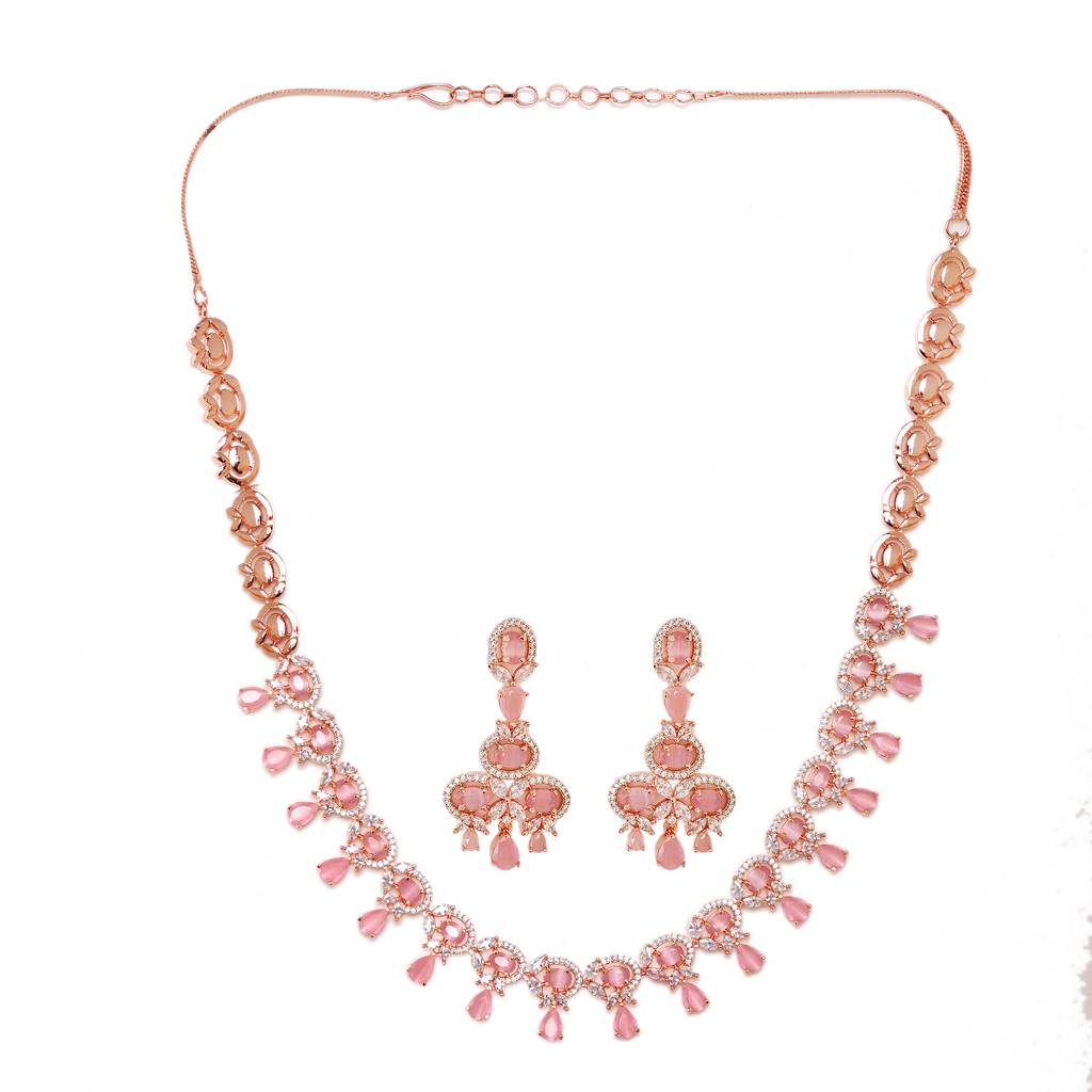 Contemporary Pink Diamond Studded Necklace With Earrings For Women
