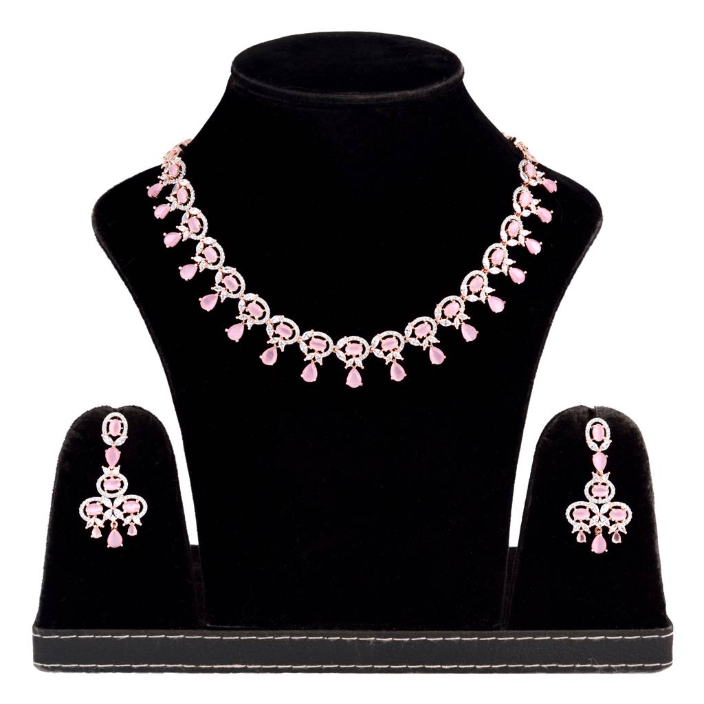 Contemporary Pink Diamond Studded Necklace With Earrings For Women & Girls : SJNK1169