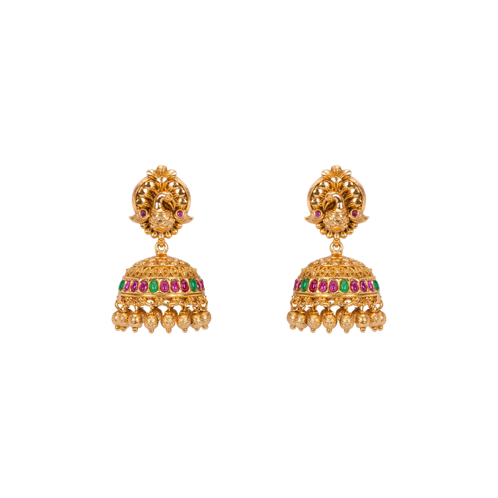 South Indian Temple Jewellery Long Haram Bridal Necklace Set With Ruby Stones : K-608