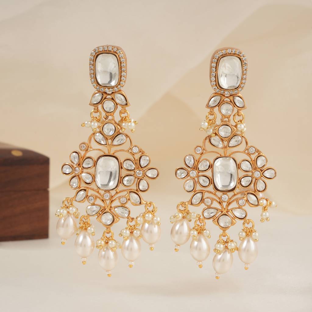 Long Gold Plated Kundan Pearl Drop Earring : SJ138