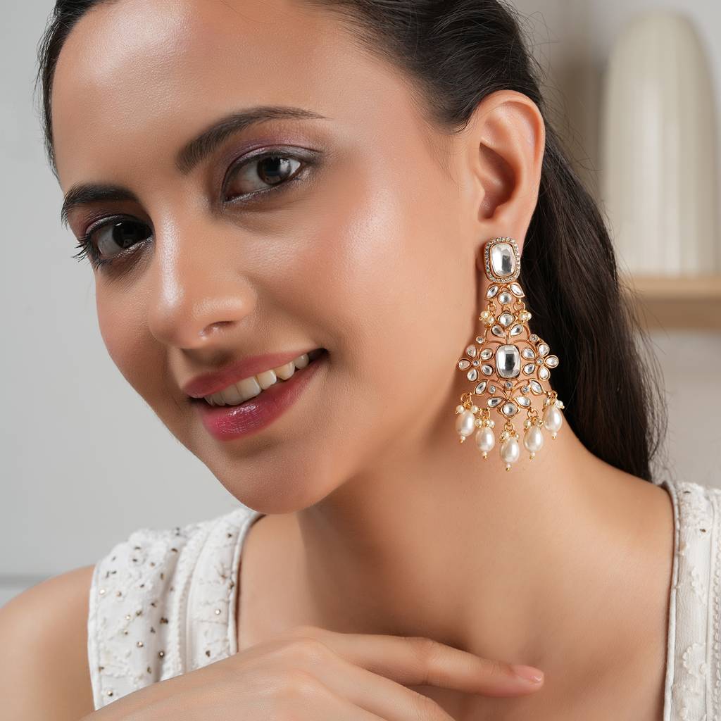 Long Gold Plated Kundan Pearl Drop Earring : SJ138