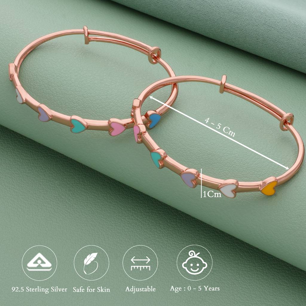 Charming Multi Hearts 18K Rose Gold Polish 925 Silver Kid Bangle(Pair) : 118
