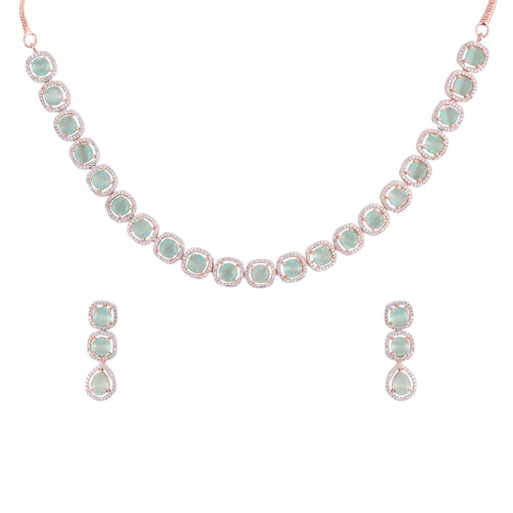 Turquoise Blue Solitaire Studded Necklace With Earrings For Women & Girls : SJNK1181