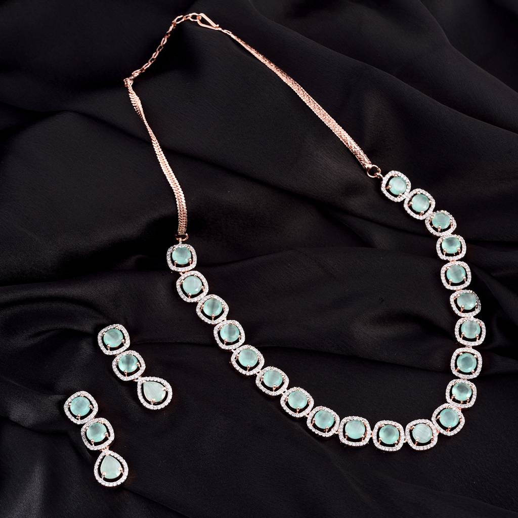 Turquoise Blue Solitaire Studded Necklace With Earrings For Women & Girls : SJNK1181