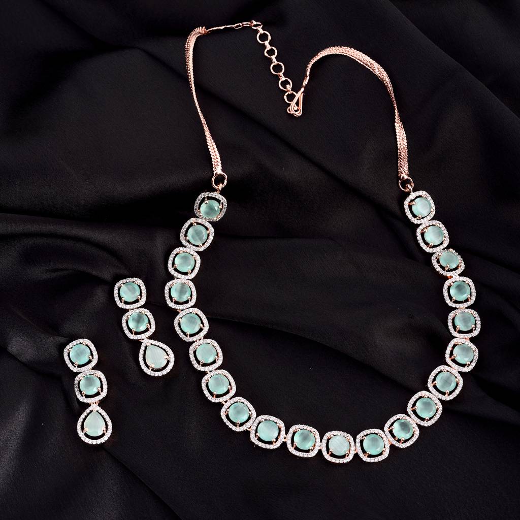 Turquoise Blue Solitaire Studded Necklace With Earrings For Women & Girls : SJNK1181