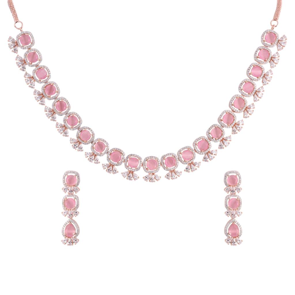 Pastel Pink Designer Contemporary Necklace With Earrings For Women & Girls : SJNK1182