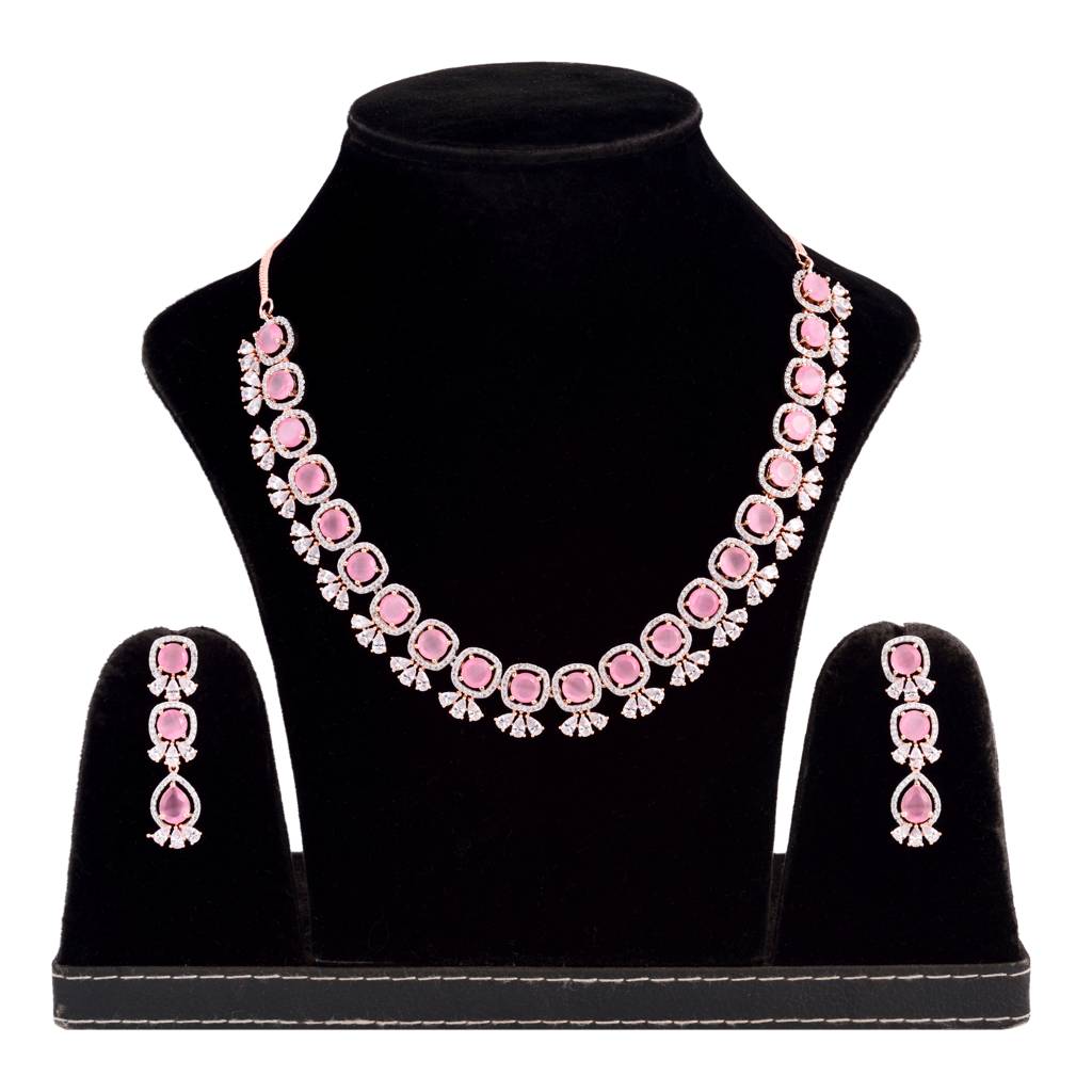 Pastel Pink Designer Contemporary Necklace With Earrings For Women & Girls : SJNK1182