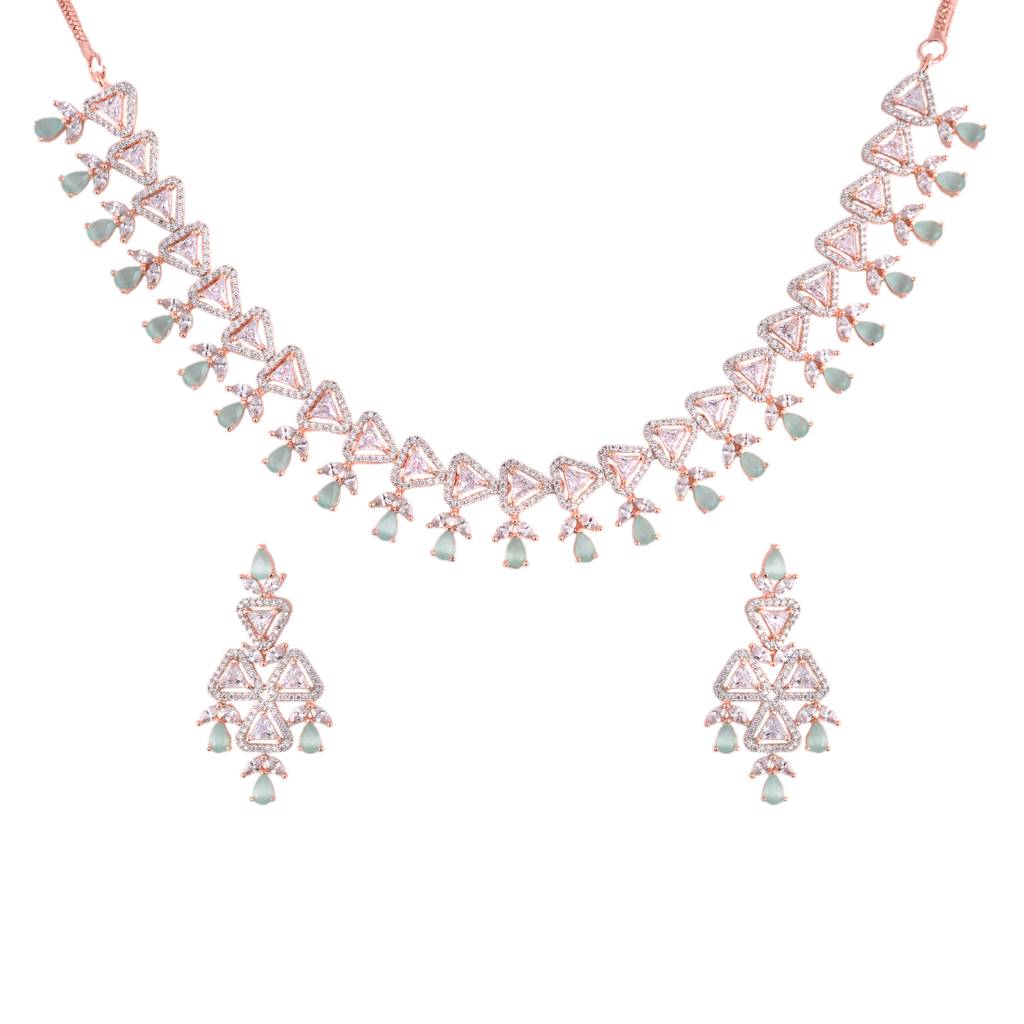 Unique Triangular Design Diamond Necklace With Earrings Modern Design For Women & Girls : SJNK1183
