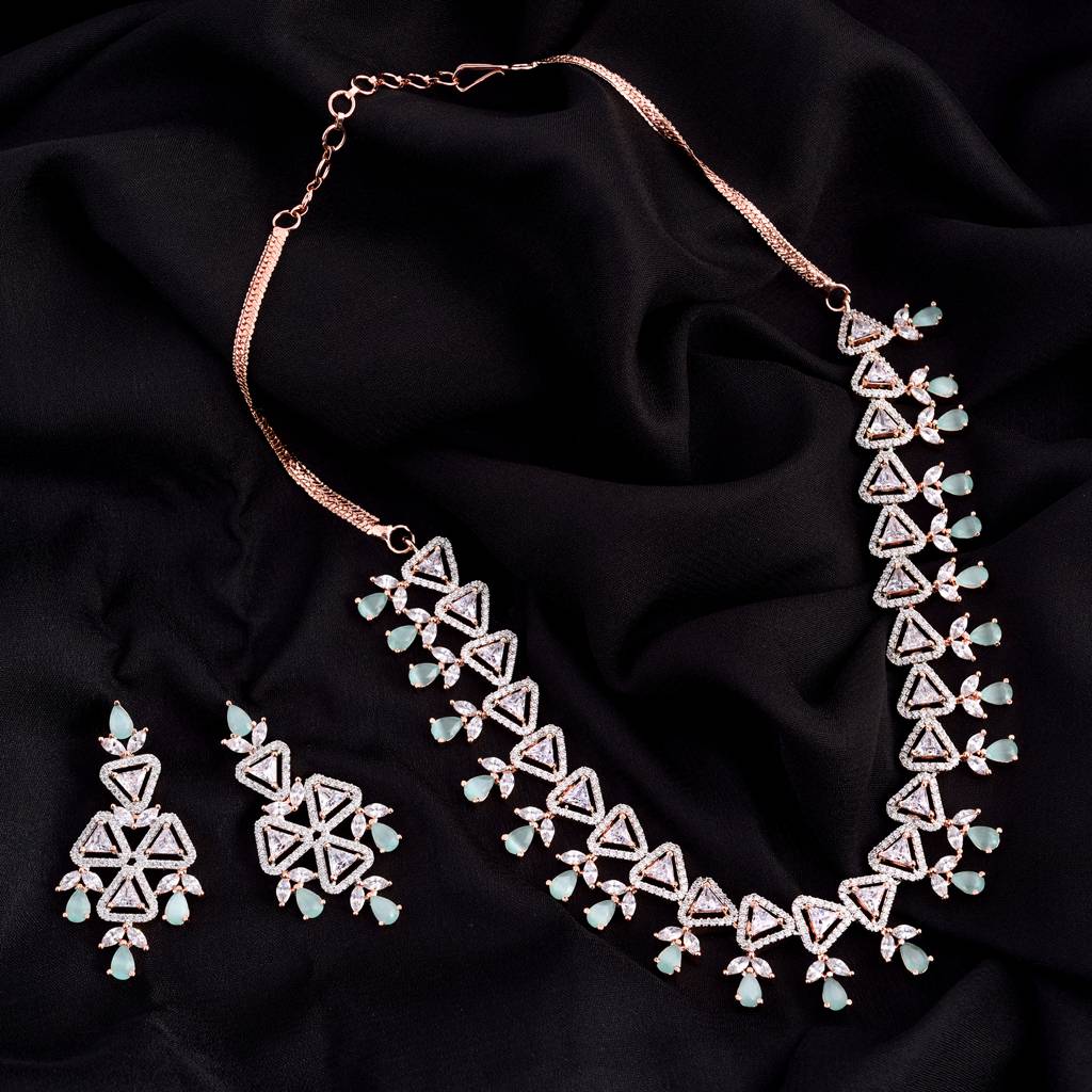 Unique Triangular Design Diamond Necklace With Earrings Modern Design For Women & Girls : SJNK1183