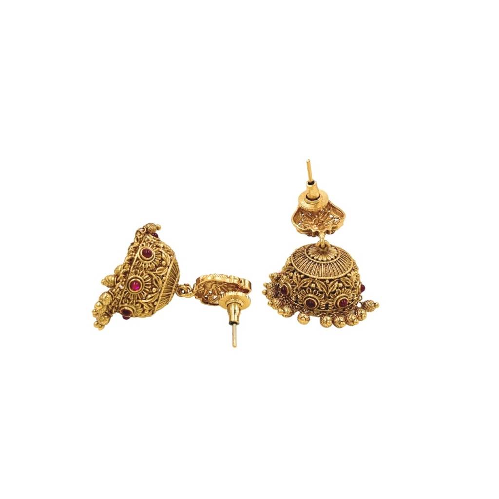Heritage South Indian Temple Jewellery Antique Jhumka Earrings With Ruby & Green Stones : R-1129