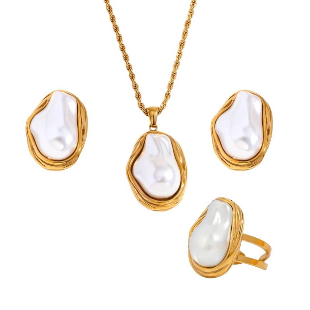 18K Gold Plated Waterproof Anti-Tarnish White Baroque Pearl Pendant Set With Ring : AMG0425PSR09C3