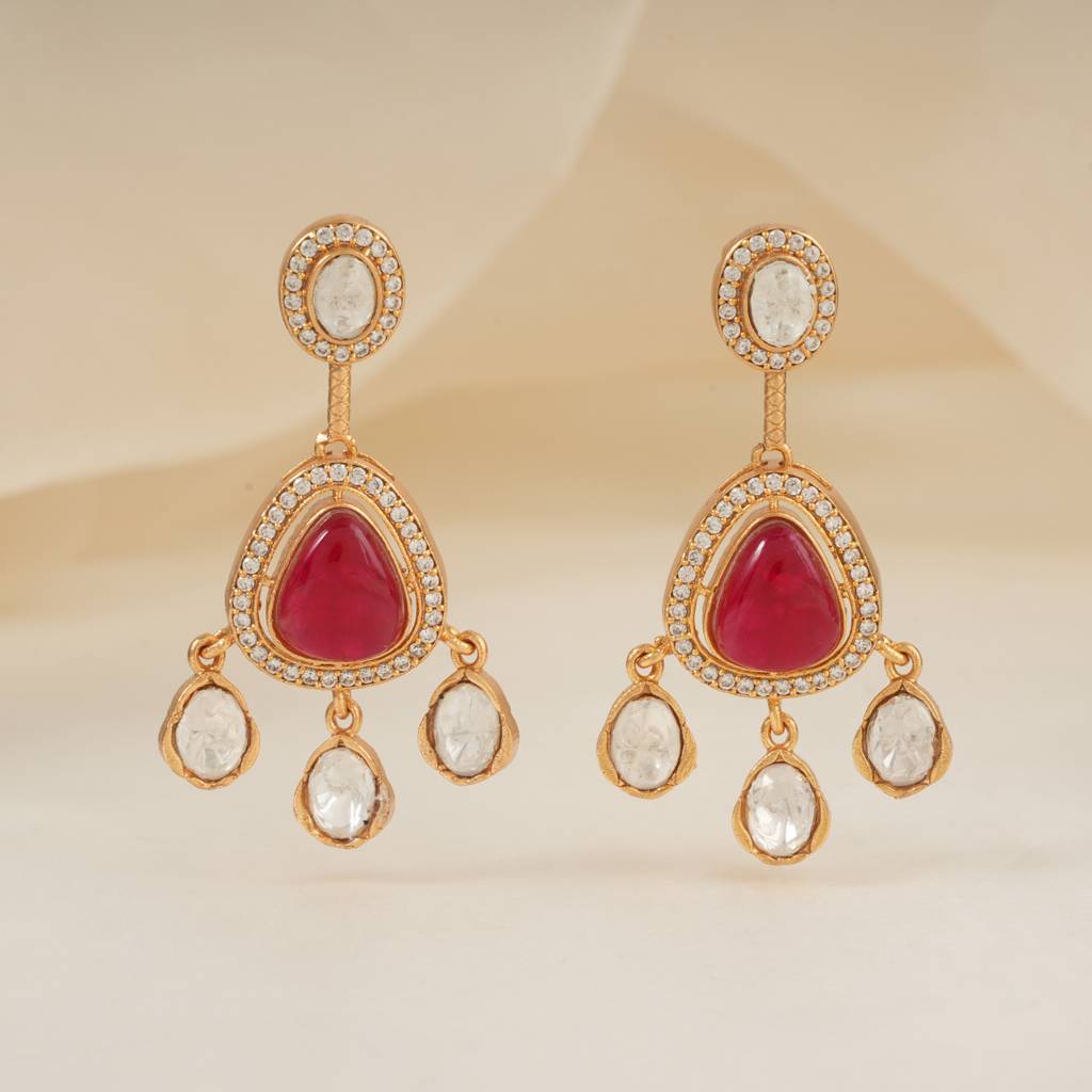Gold Plated Kundan Drop Stone Earring For Women- Red : SJ135