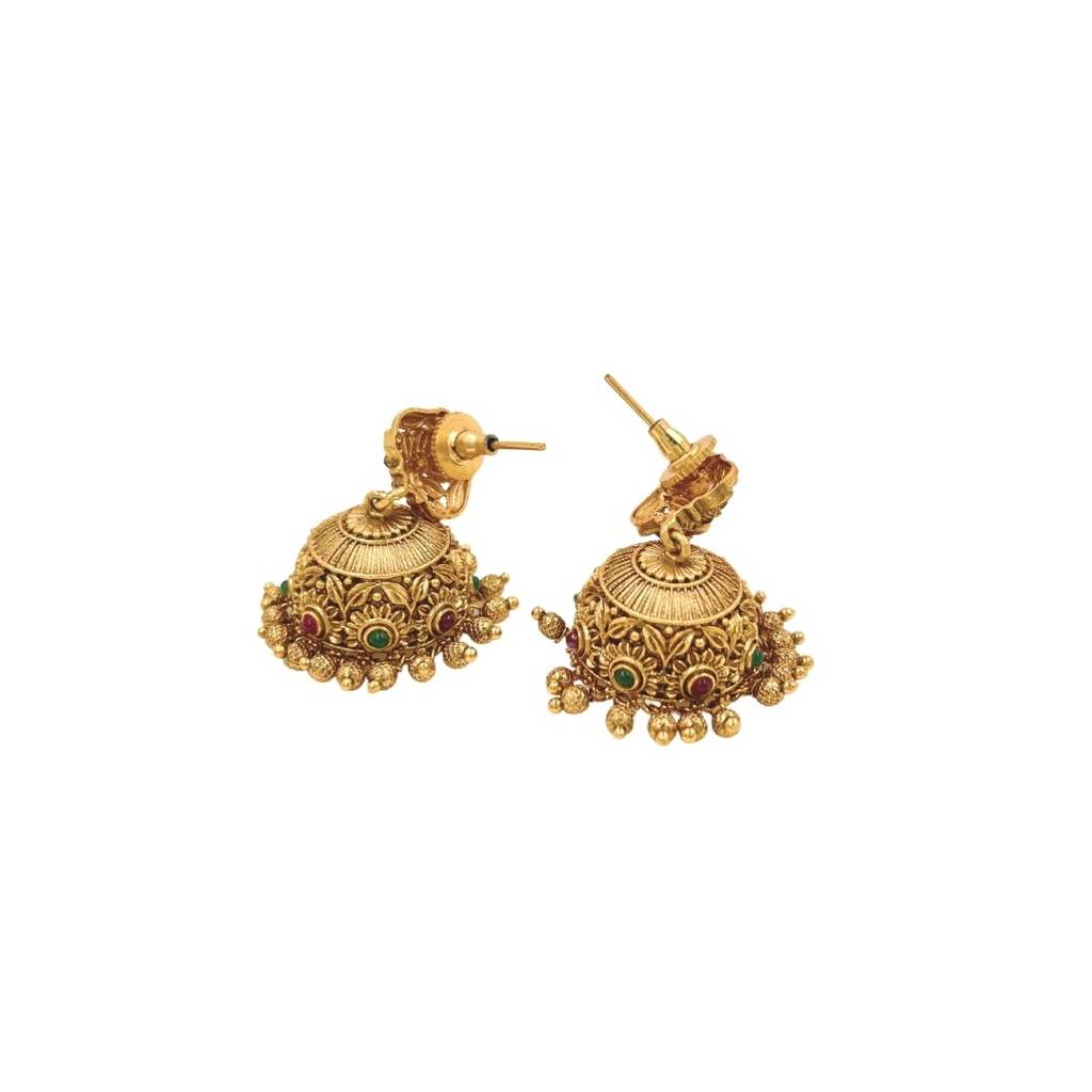 Heritage South Indian Temple Jewellery Antique Jhumka Earrings With Ruby & Green Stones : R-1129