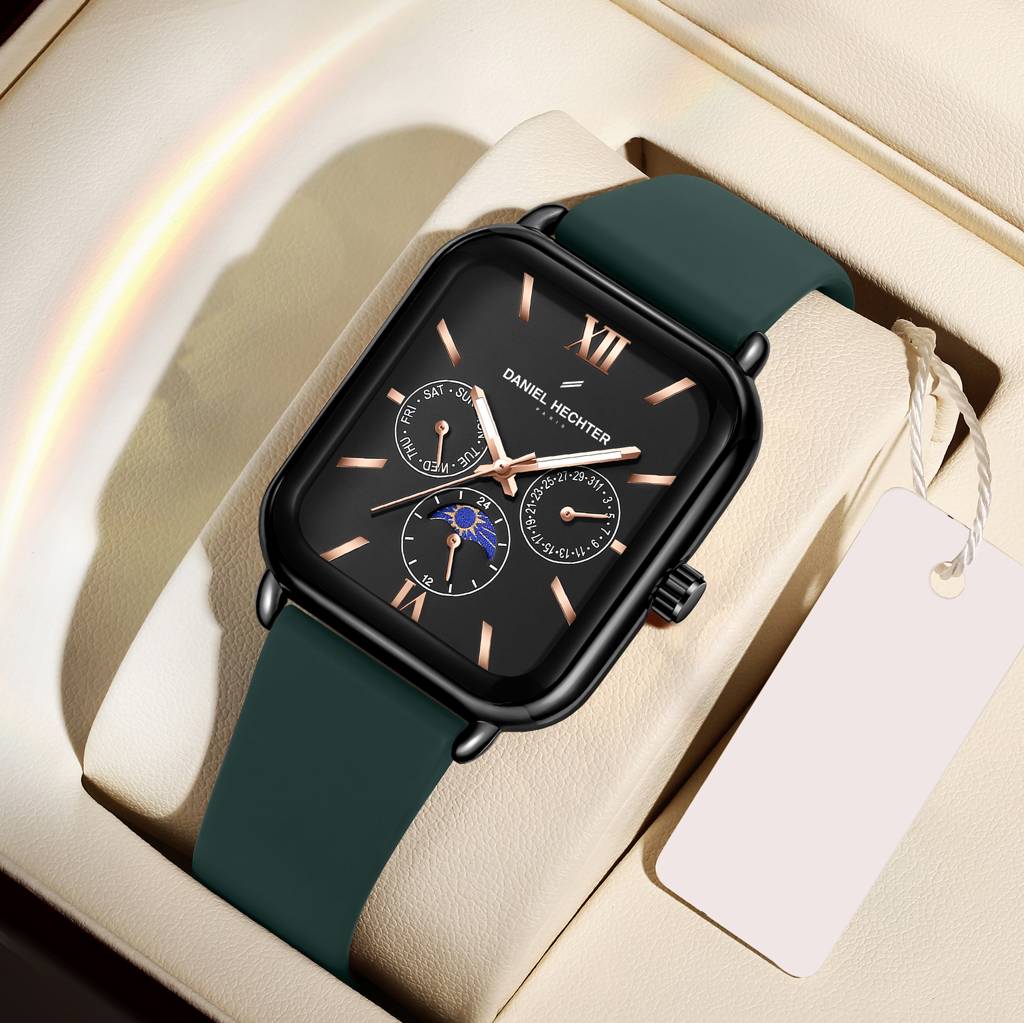 Daniel Hechter Paris Montmartre Unisex Multifunction Square Watch Â Black Dial With Day-Date & 24-Hour Subdial : DHU-1001-04