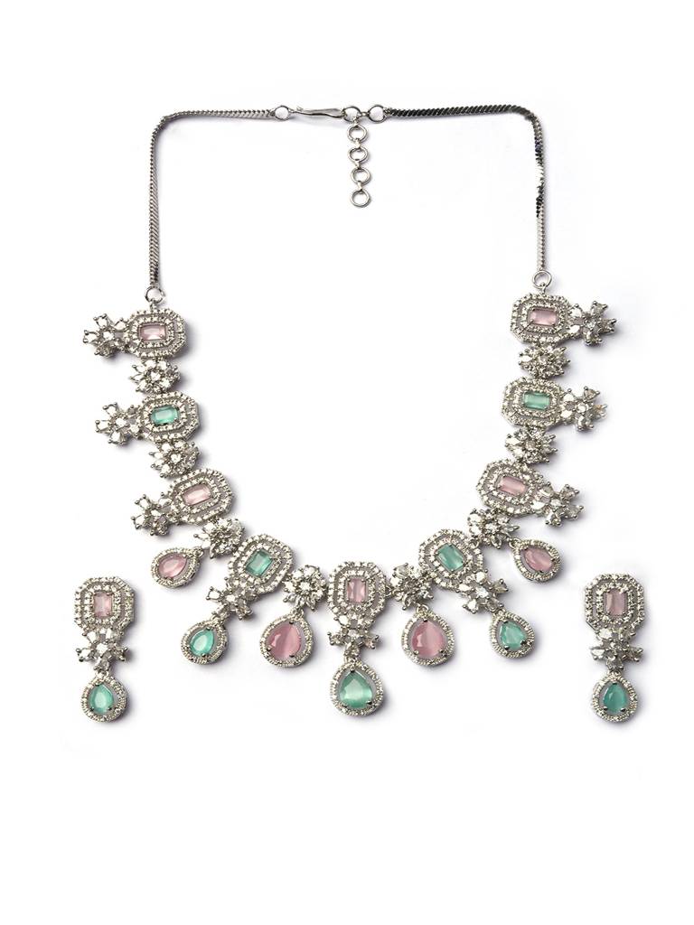 Silver Plated Brass Luxury American Diamond Necklace Set : AD136MULTI