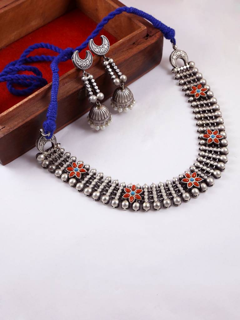 Oxidized Silver Choker Necklace Set : YI24A0066N