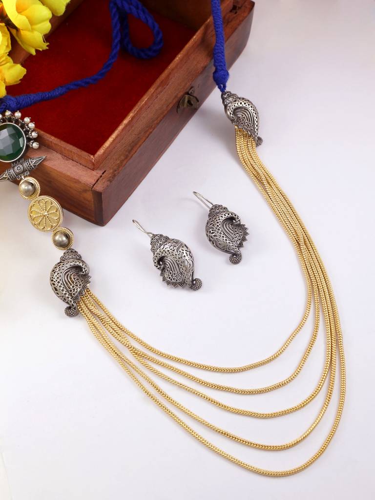 Multi-Layered Oxidised Silver Necklace Set : YI24A0072N