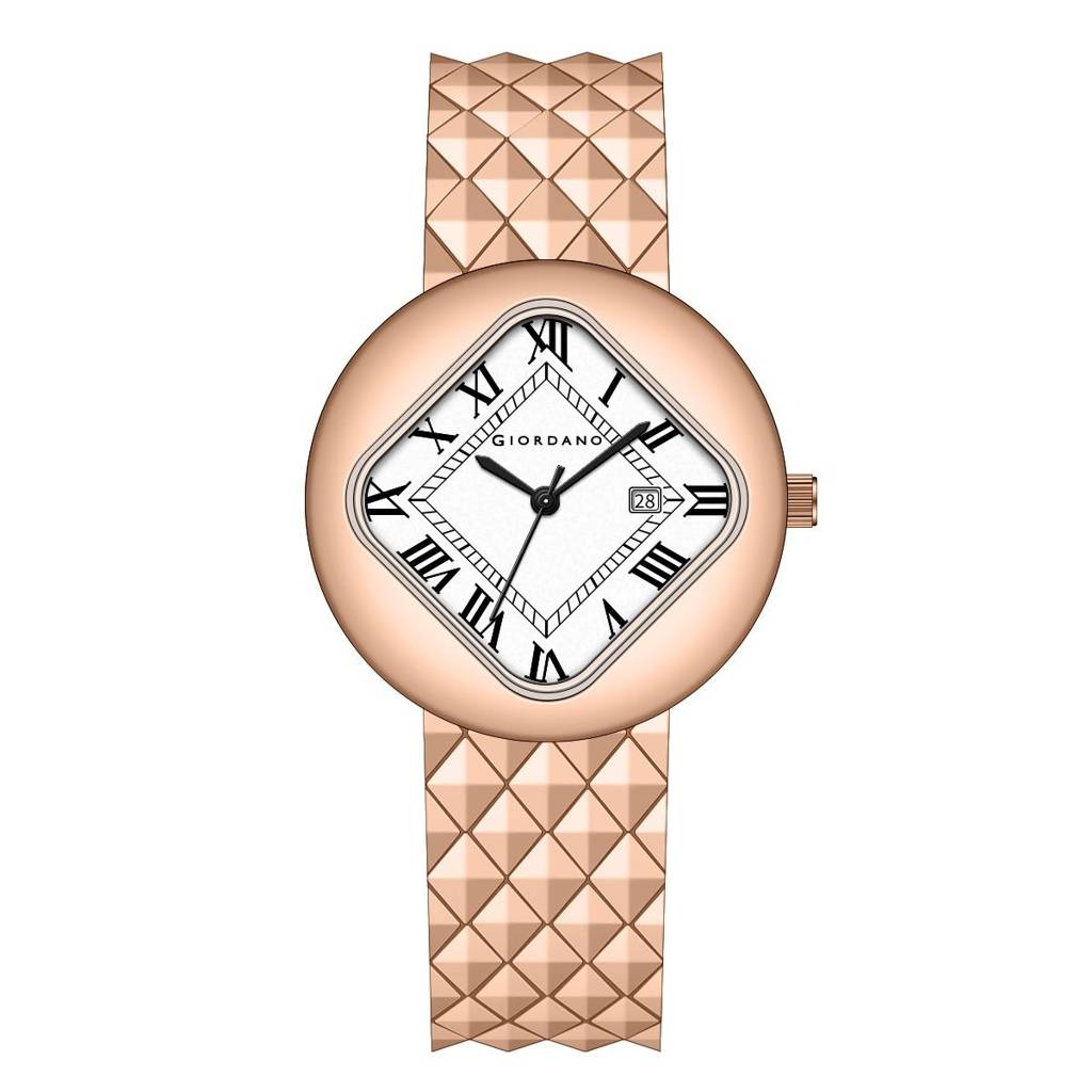 Giordano Elegant Analoge Watch For Women - Unique Rounded-Square Dial, Roman Numeral Dial, Date Display And Text : GZ-60121-22