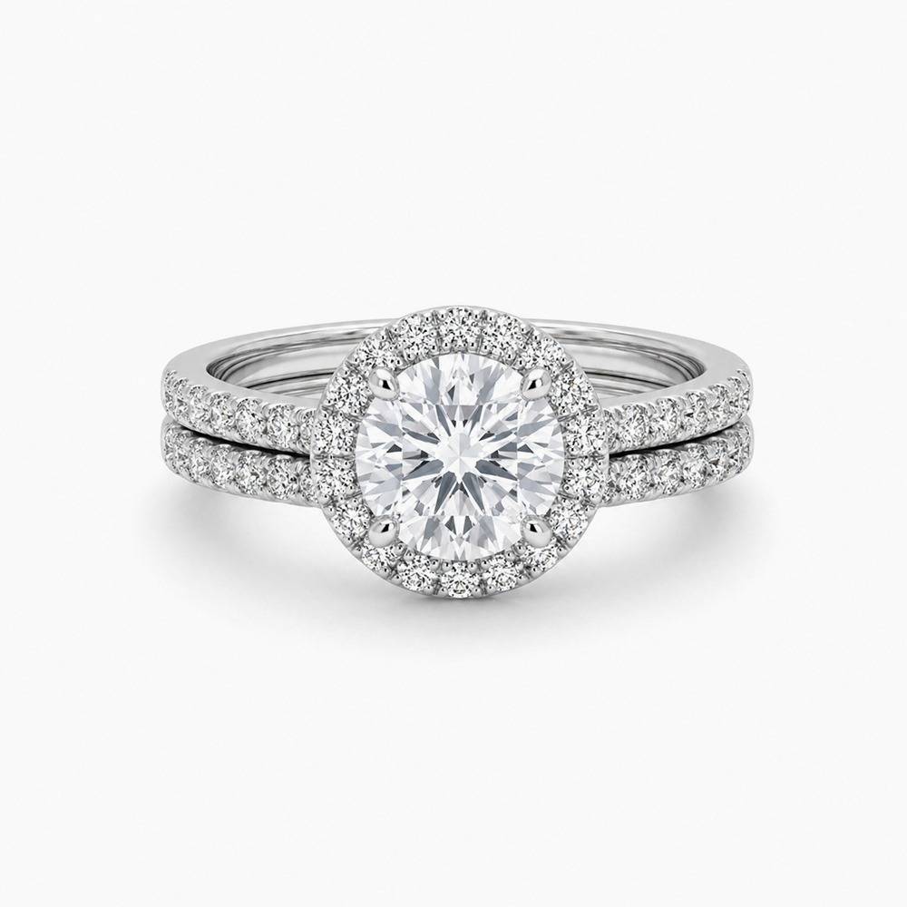 Round Halo & Double Pavé Stacking Ring Set (925 Silver) : SR011