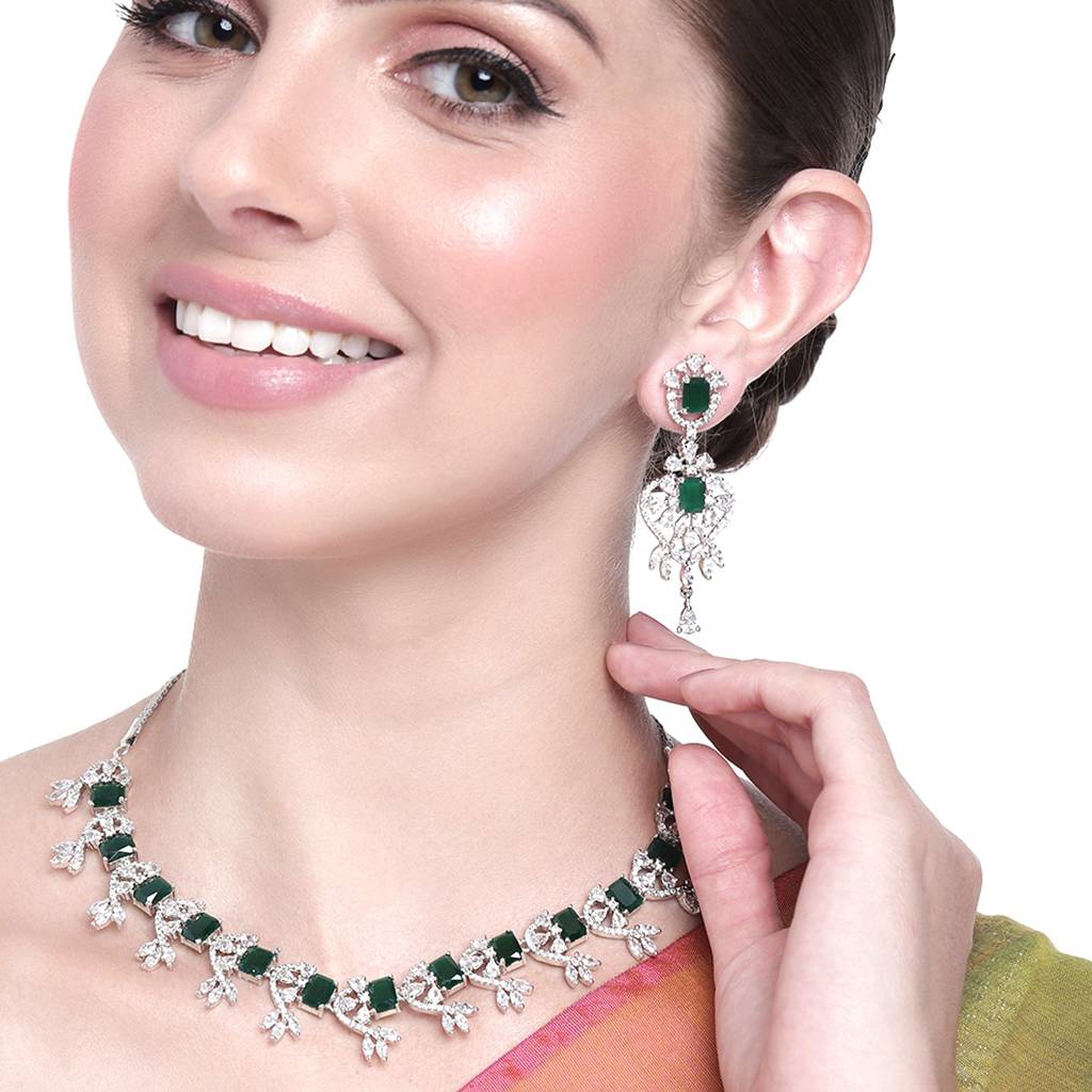 Estele Rhodium Plated Cz Magnificent Designer Necklace Set With Emerald Stones For Women : AD-711-IR-GNNKER