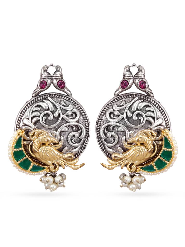 Oxidised Silver Peacock Drop Earrings : YI24A0134E